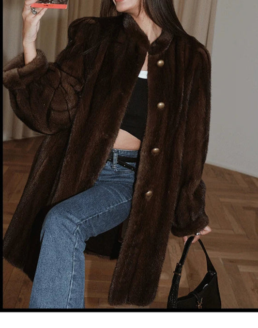 Brown Thick Warm Soft Faux Mink Fur Coat For Women Fluffy Jacket