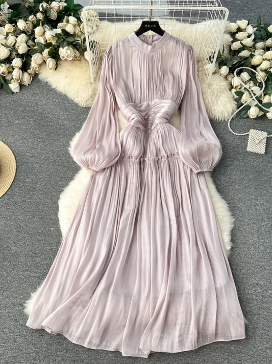 Vintage Dress O-neck Lantern Sleeve Solid Robe Pleated Maxi Dress Wedding Dress