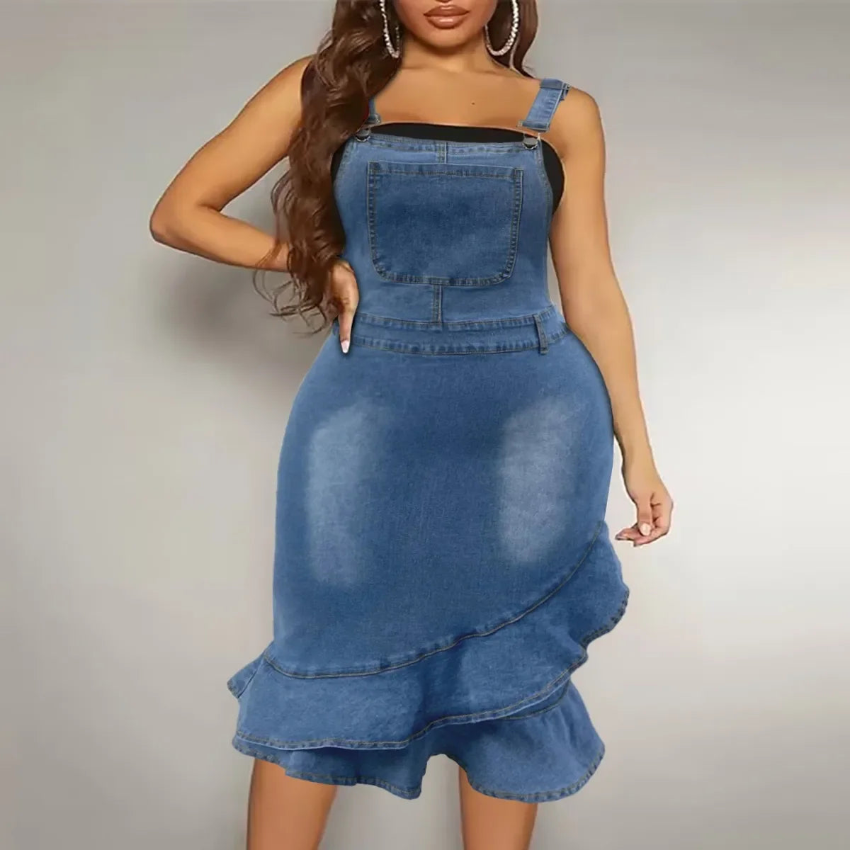 Denim Dress Women's Night Party Individuality Dress Knee-Length Sleeveless Denim Dress