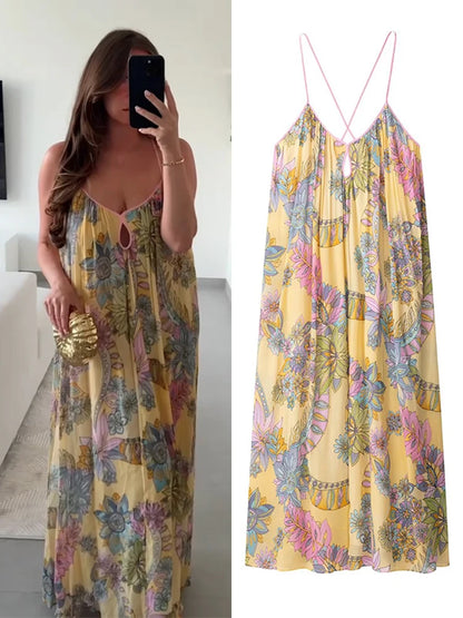 Print Floral Women's Dress Halter V-neck Sleeveless Hollow out Straight Vacation Dress