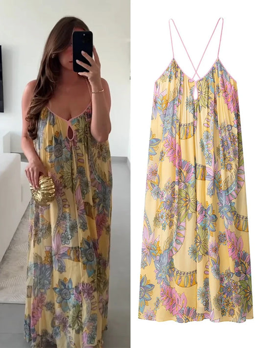 Print Floral Women's Dress Halter V-neck Sleeveless Hollow out Straight Vacation Dress