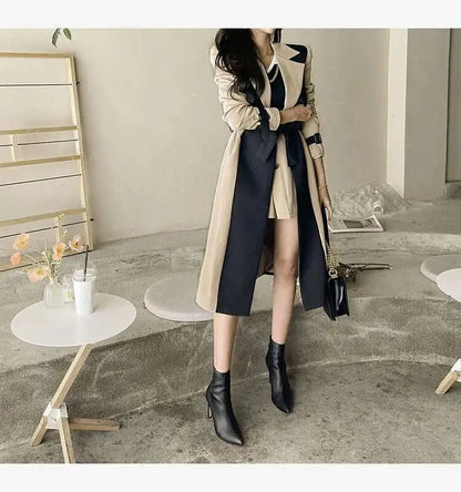 Contrast Full Sleeve Buttons Belted Women Long Trench Coats