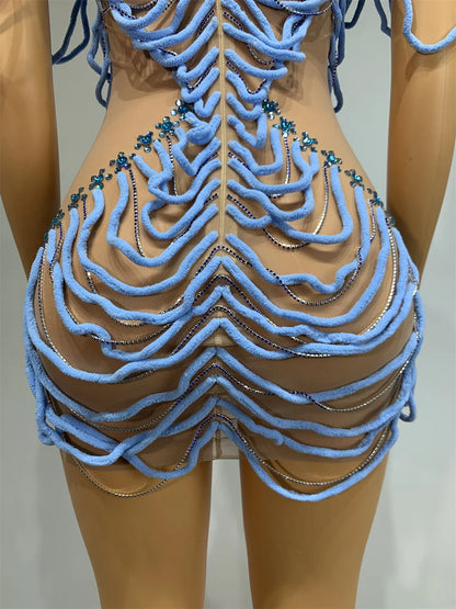 Mesh Rhinestones Chain Mini Dress Nightclub Party Performance Outfit