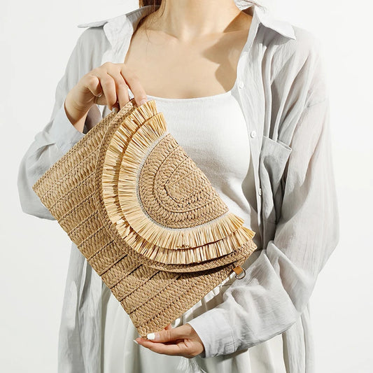 Straw Weave Bags Ladies Wrist Clutches Summer Handmade Handbags