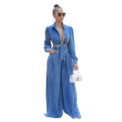 Denim Crop Top Tie Knot Shirt Cardigan + Wide Leg Loose Outfit Pants