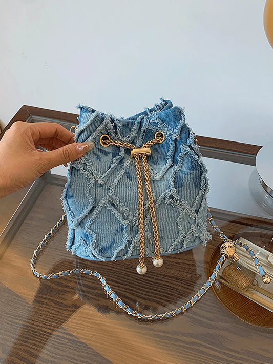 Vintage Denim Bucket Bag Retro Style Light Blue Ripped Edge Design Gold Chain Shoulder Bag