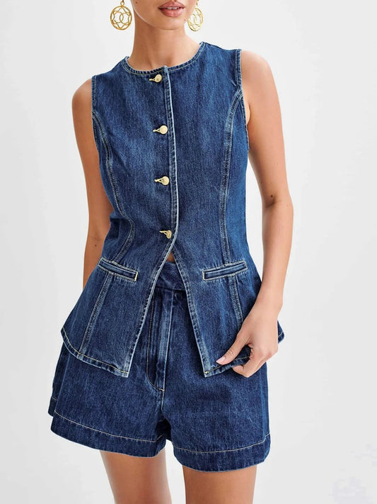 Women‘s Denim Vest Button Down Back Slit Crew Neck Waistcoat Jean Vests