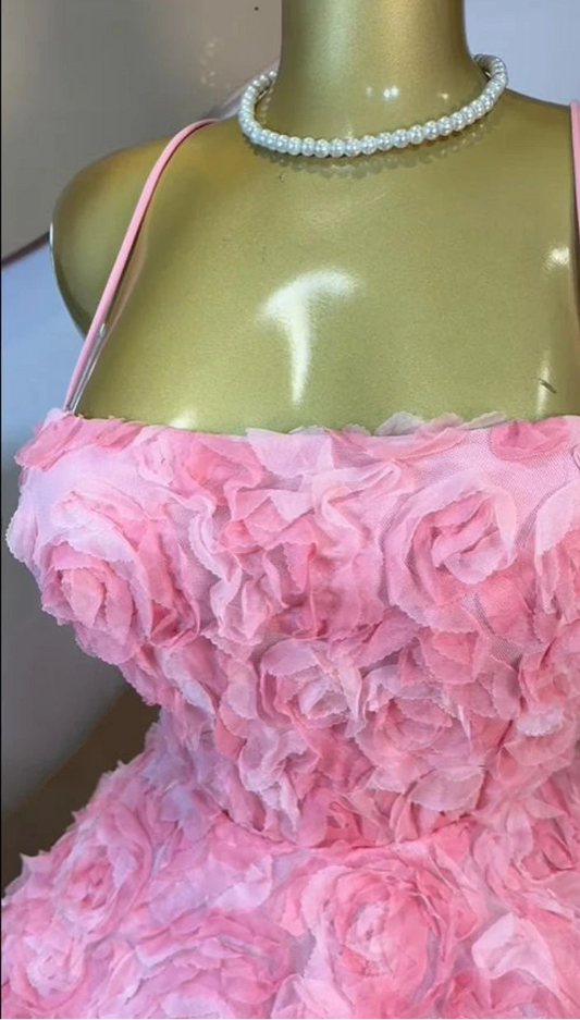 Rose Floral Spaghetti Strap Lace Up Mini A-line Dress Birthday Party Dress